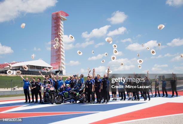 Fabio Quartararo of France and Monster Energy Yamaha MotoGP Team and Franco Morbidelli of Italy and Monster Energy Yamaha MotoGP Team with bikes and...