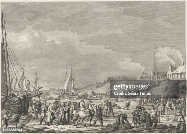 Departure of Prince Willem V from the beach of Scheveningen to England, 18 January 1795. The stadholder says goodbye with his sons on the beach while...