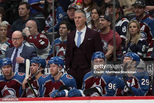 Head coach Jared Bednar of the Colorado Avalanche watches as his team plays the Seattle Kraken in the first period during Game Five of the First...