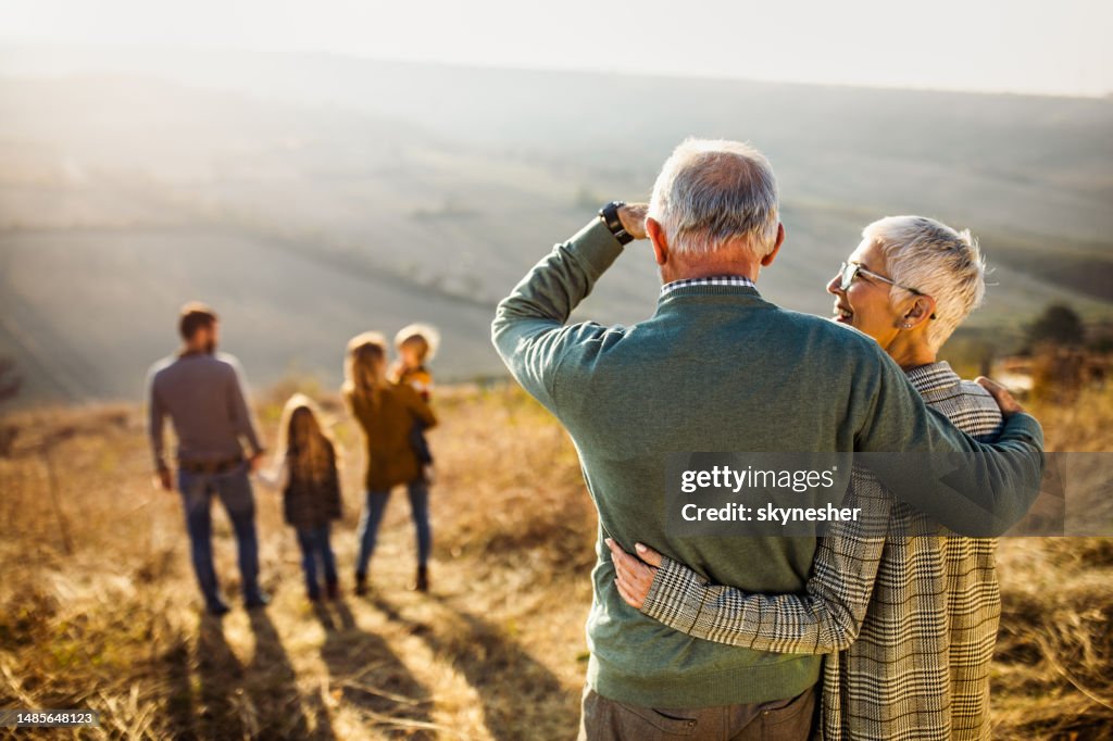 Rear view of embraced senior couple looking at their family in nature.