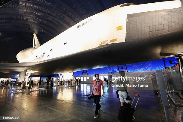 The Space Shuttle Enterprise is seen at a press preview of the Intrepid Sea, Air & Space Museum’s new Space Shuttle Pavilion on July 18, 2012 in New...