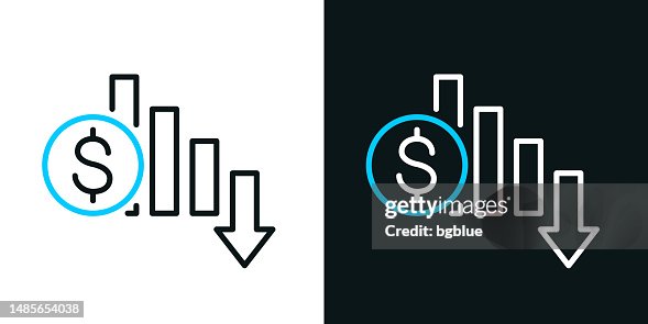 Dollar rate decrease. Bicolor line icon on black or white background - Editable stroke Dollar rate decrease. Bicolor line icon on black or white background - Editable stroke