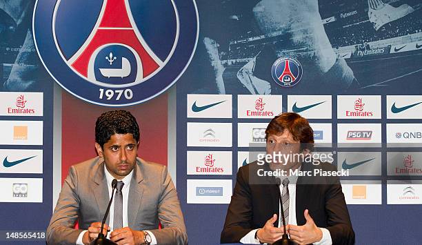 Paris Saint-Germain chairman Nasser Al-Khelaifi and PSG's sporting director welcome Marco Verratti during the press conference, at Parc des Princes...