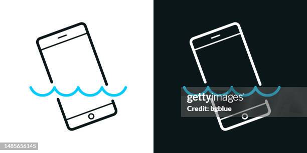 smartphone in water. bicolor line icon on black or white background - editable stroke - waterproofing stock illustrations