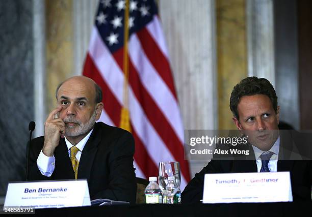 Secretary of the Treasury Timothy Geithner speaks as Federal Reserve Board Chairman Ben Bernanke listens during a meeting of the Financial Stability...