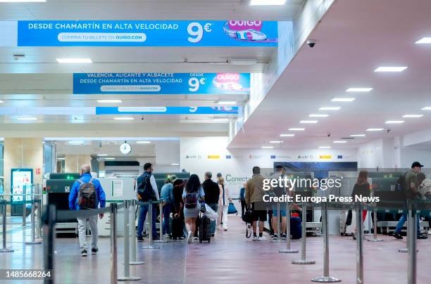 Passengers during the inauguration of the Ouigo line between Madrid, Albacete and Alicante, at Madrid-Chamartin-Clara Campoamor Station, on 27 April,...