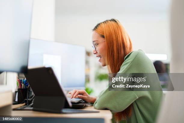 young woman at online meeting at home office - students working on pc school stock pictures, royalty-free photos & images