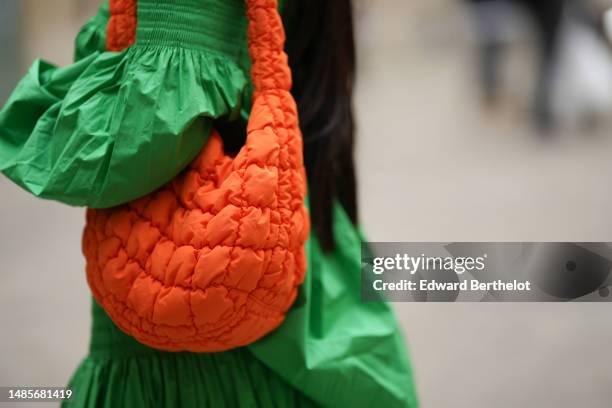 Guest wears a flashy green embossed pattern shoulder-off / long puffy sleeves / cropped top, a matching flashy green high waist long skirt, a neon...