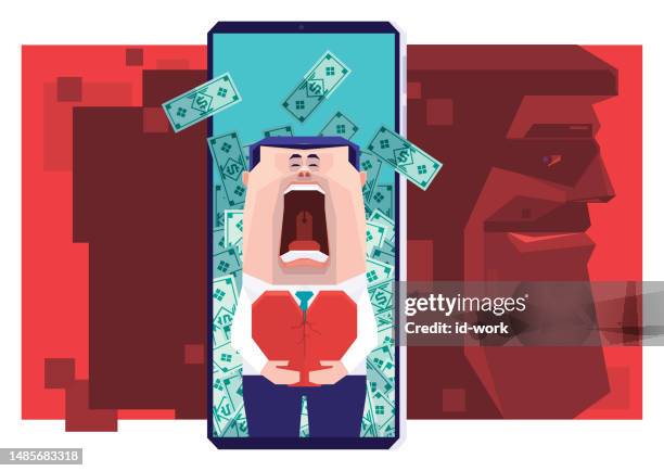 stockillustraties, clipart, cartoons en iconen met crying businessman holding broken heart with heap of banknotes on smartphone and hacker hiding - disappointing phone