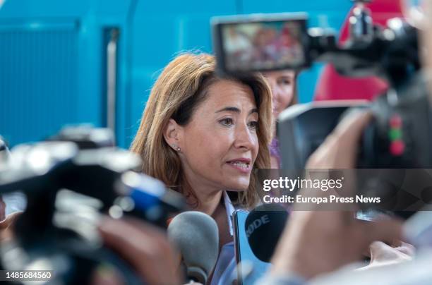 The Minister of Transport, Mobility and Urban Agenda, Raquel Sanchez Jimenez, makes a statement to the media during the inauguration of the Ouigo...