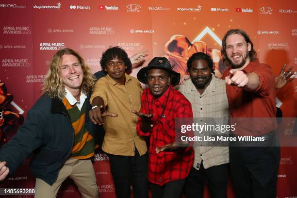 Roy Kellaway, Mandawuy Yunupingu, Yirrnga Yunupiŋu and Watjarr Garmu of King Stingray attend the 2023 APRA Music Awards at ICC Sydney on April 27,...