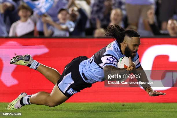 Siosifa Talakai of the Sharks scores a try during the round nine NRL match between Cronulla Sharks and North Queensland Cowboys at PointsBet Stadium...