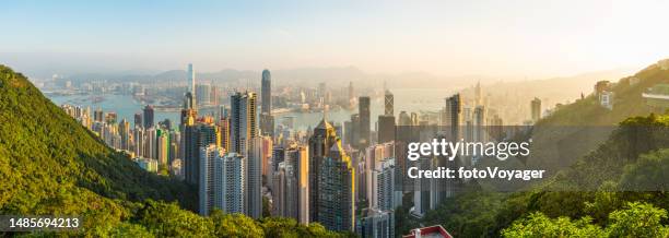 new day dawns hong kong golden sunrise skyscrapers panorama china - victoria harbour stock pictures, royalty-free photos & images