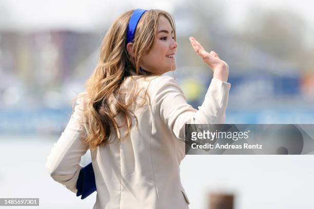 Princess Ariane of The Netherlands waves to the crowd during Kingsday celebrations on April 27, 2023 in Rotterdam, Netherlands. King Willem-Alexander...