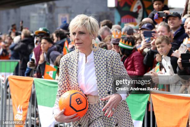 Princess Laurentien of The Netherlands plays football during Kingsday celebrations on April 27, 2023 in Rotterdam, Netherlands. King Willem-Alexander...