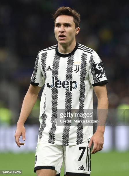 Federico Chiesa of Juventus FC looks on during the Coppa Italia Semi Final between FC Internazionale and Juventus FC at Giuseppe Meazza Stadium on...