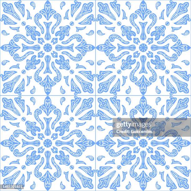 seamless moroccan ceramic pattern. portuguese azulejo tiles. vector tile pattern, lisbon arabic floral mosaic, mediterranean blue ornament. - pottery texture stock illustrations