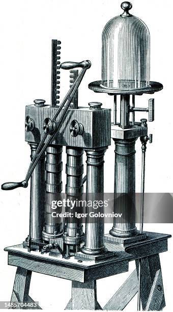 Air pump with two cylinders and valves - an illustration of the encyclopedia publishers Education, St. Petersburg, Russian Empire, 1896.