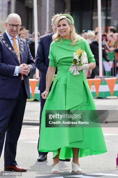 Queen Maxima of The Netherlands is seen during Kingsday celebrations on April 27, 2023 in Rotterdam, Netherlands. King Willem-Alexander and his...