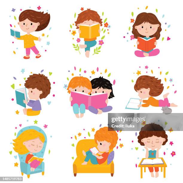 vector set of reading kids - child reading stock illustrations