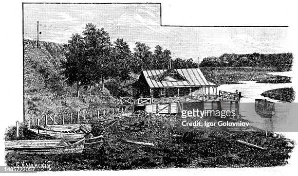 Ghat on river Luga near the village Preobrazhenskaya - an illustration from antique book 'Russia, the full geographical description', Moscow, Russia,...