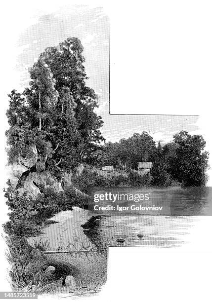 Devonian sandstones break on the river Oredezh - an illustration from antique book 'Russia, the full geographical description', Moscow, Russia, 1900.