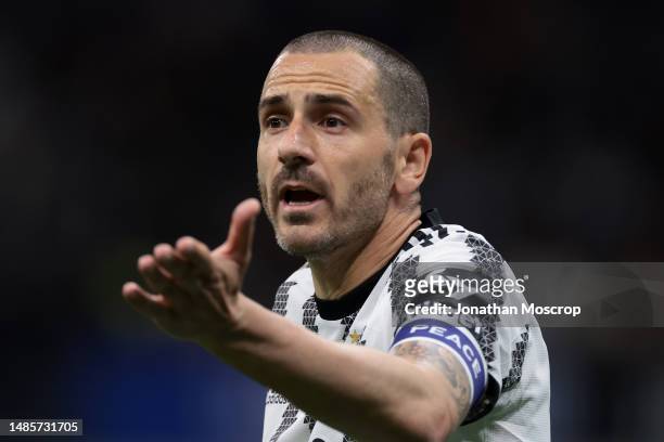 Leonardo Bonucci of Juventus reacts during the Coppa Italia Semi final second leg match between FC Internazionale and Juventus FC at Giuseppe Meazza...