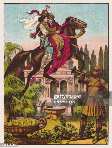 the magic horse, from arabian nights, chromolithograph, published ca. 1895 - one thousand and one nights stock illustrations