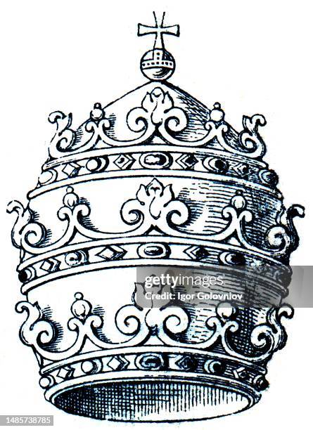 Papal tiara. An illustration from the encyclopedia publishers 'Education', St. Petersburg, Russian Empire, 1896.