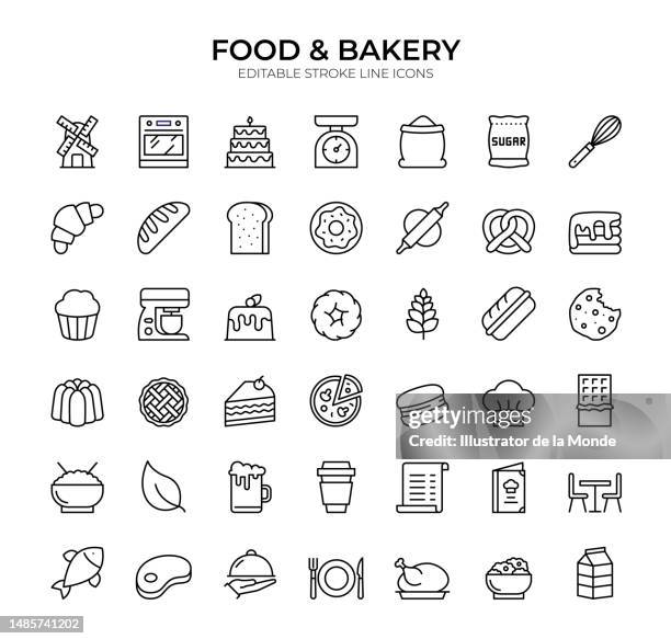 ilustraciones, imágenes clip art, dibujos animados e iconos de stock de conjunto de iconos de líneas de alimentos y panadería - brownie