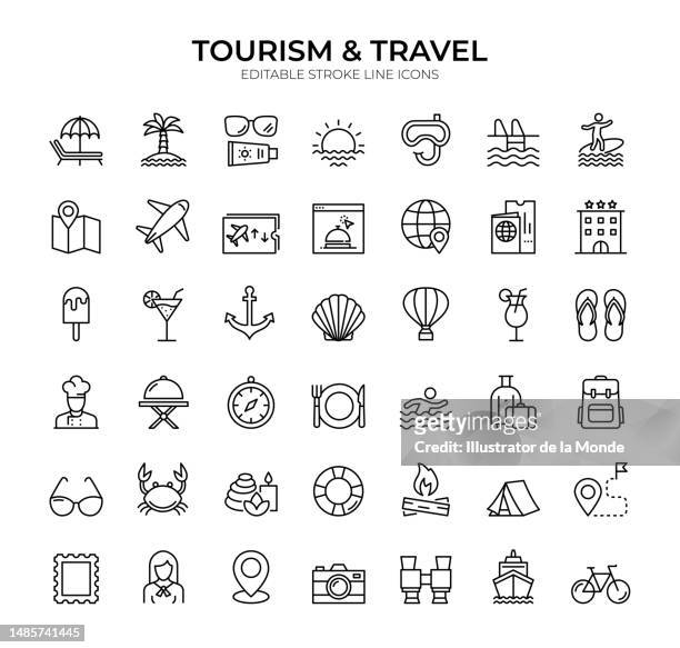 reise- und tourismussymbole: 42 bearbeitbare strichvektorliniensymbole - swimsuit icon stock-grafiken, -clipart, -cartoons und -symbole