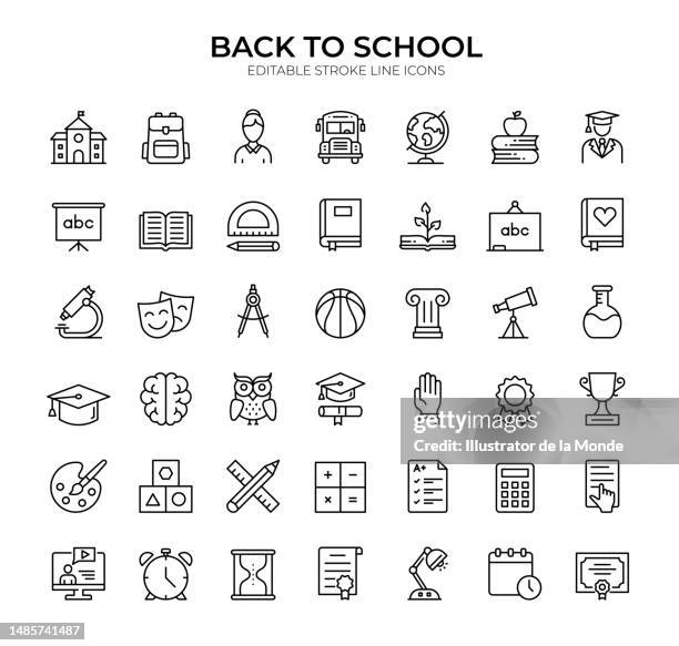 back to school editable stroke line icon set: perfect for educational designs - art class stock illustrations