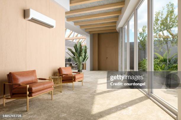 waiting area with air conditioner, leather armchairs and potted plant in open plan office - ventilator illustration stock pictures, royalty-free photos & images