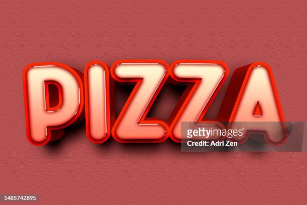 the word pizza on a red background - mushroom types stockfoto's en -beelden