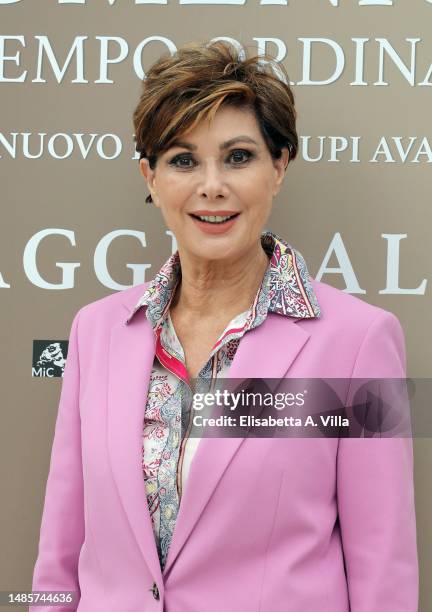 Edwige Fenech attends the "La Quattordicesima Domenica Del Tempo Ordinario" photocall at Hotel Le Meridien on April 27, 2023 in Rome, Italy.