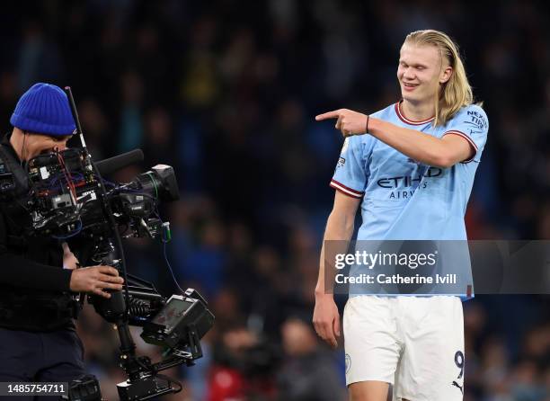 Erling Haaland of Manchester City points at the television camera after the Premier League match between Manchester City and Arsenal FC at Etihad...