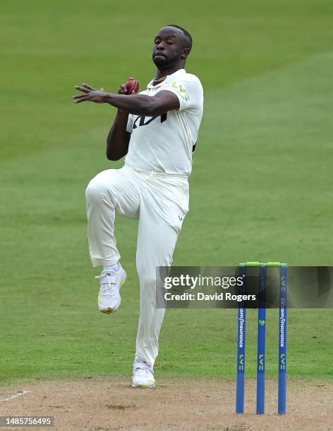 Kemar Roach of Surrey bowls during the LV= Insurance County Championship Division 1 match between Warwickshire and Surrey at Edgbaston on April 27,...