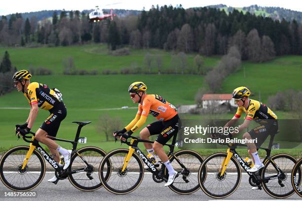 Robert Gesink of The Netherlands, Tobias Foss of Norway - Orange points jersey and Thomas Gloag of United Kingdom and Team Jumbo-Visma compete during...