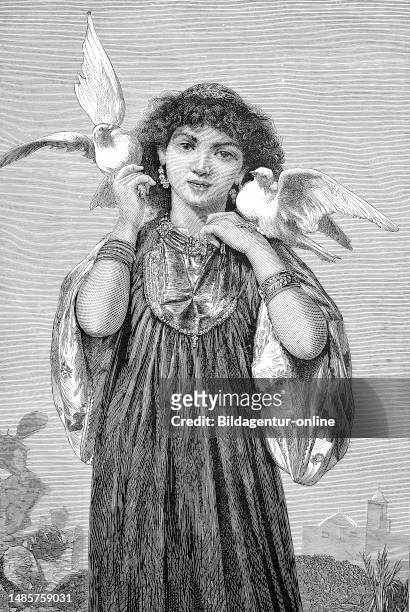 Mädchen mit weißen Tauben von den Ufern des Nil Ägypten / Girl with white doves from the banks of the Nile Egypt, Historisch, historical, digital...