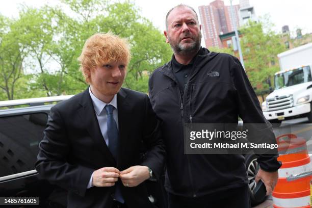 Musician Ed Sheeran arrives for his copyright infringement trial at Manhattan Federal Court on April 27, 2023 in New York City. Sheeran is being sued...