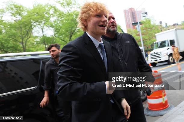 Musician Ed Sheeran arrives for his copyright infringement trial at Manhattan Federal Court on April 27, 2023 in New York City. Sheeran is being sued...