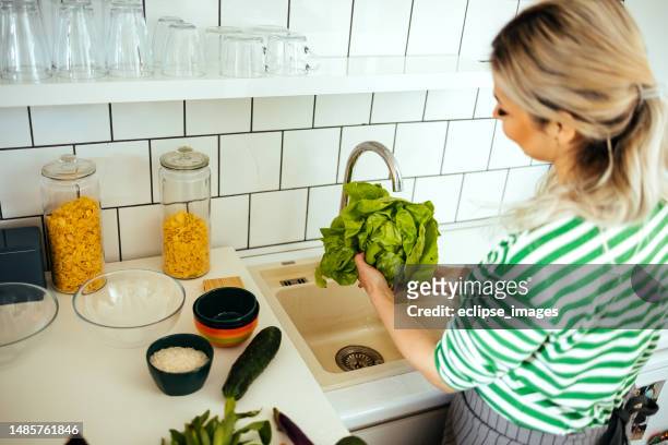 woman washes vegetables - gootsteen stockfoto's en -beelden