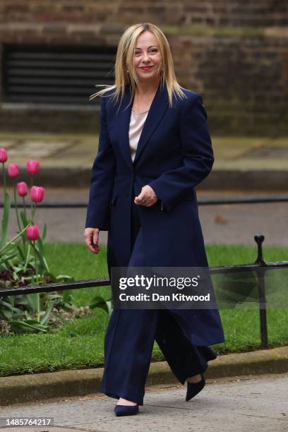 Italian Prime Minister Giorgia Meloni arrives to greet British Prime Minister Rishi Sunak at 10 Downing Street on April 27, 2023 in London, England....