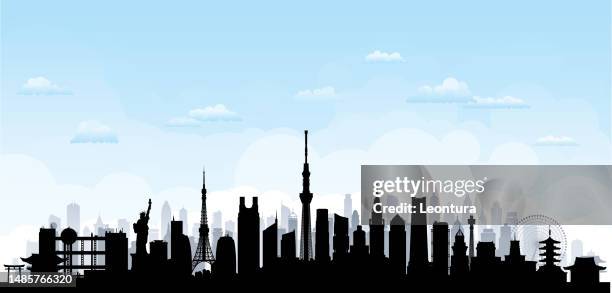 tokyo, japan skyline silhouette (all buildings are complete and moveable) - tokyo sky tree 幅插畫檔、美工圖案、卡通及圖標