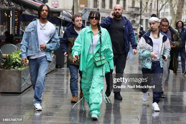 Tulisa Contostavlos, Dappy and Fazer from N-Dubz arriving at Capital Xtra Radio Studios on April 27, 2023 in London, England.