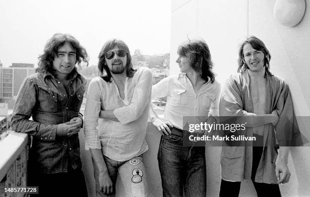 Bad Company, Paul Rodgers, Boz Burrell, Boz Burrell and Simon Kirke during an interview at the Continental Hyatt House, West Hollywood, CA 1974.