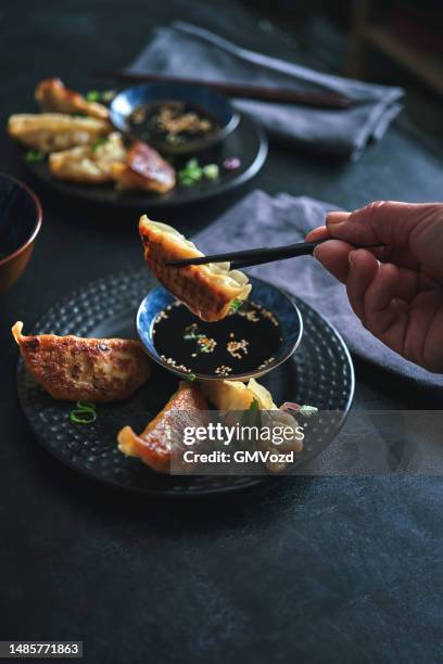 gyoza potstickers japoneses - comida china fotografías e imágenes de stock