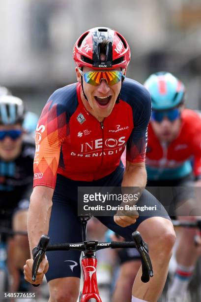 Ethan Hayter of United Kingdom and Team INEOS Grenadiers celebrates at finish line as stage winner during the 76th Tour De Romandie 2023, Stage 2 a...