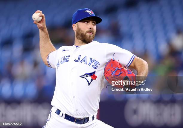 Anthony Bass of the Toronto Blue Jays delivers a pitch against the Chicago White Sox at Rogers Centre on April 25, 2023 in Toronto, Ontario, Canada.