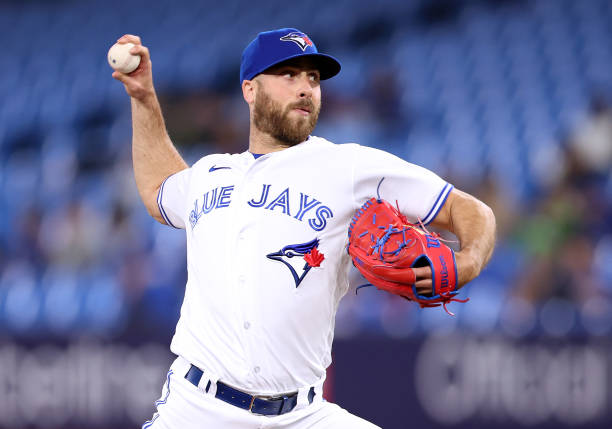 Anthony Bass of the Toronto Blue Jays delivers a pitch against the Chicago White Sox at Rogers Centre on April 25, 2023 in Toronto, Ontario, Canada.